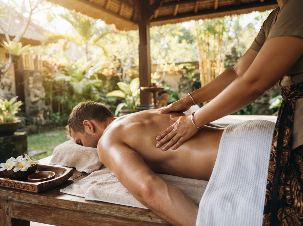 Therapist giving a guest a back massage with warm oil